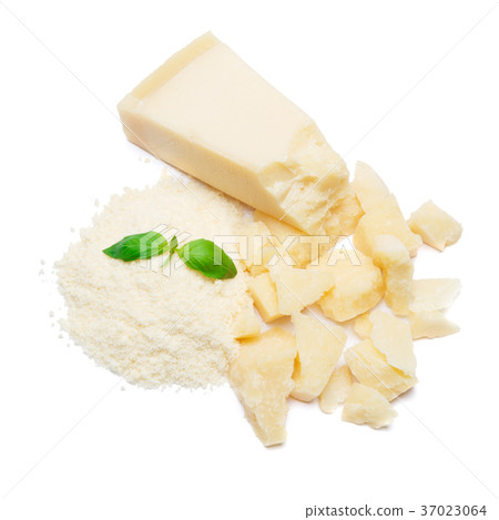 a piece of Parmesan and grated cheese on white 37023064