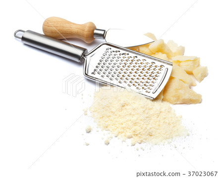a piece of Parmesan and grated cheese on white 37023067
