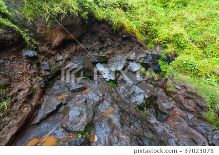wet rock wall of cliff of Seljalandsfoss waterfall 37023078