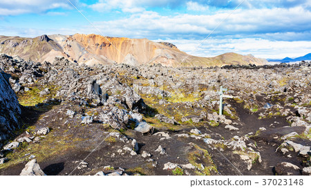 sign at Laugahraun volcanic lava field in Iceland 37023148