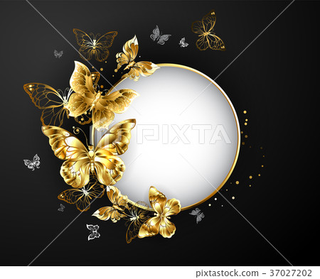 Round banner with gold butterflies 37027202