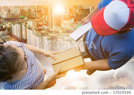woman receive container card box from delivery man 37029599