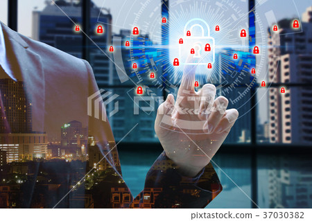 businessman touch padlock virtual 37030382