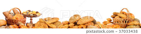 Panorama of fresh bread products isolated on white 37033438
