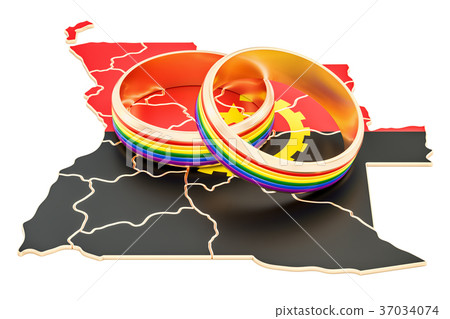 Angolan map with LGBT rainbow rings, 3D rendering 37034074