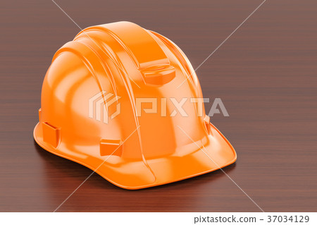 Orange Hard Hat on the wooden table. 3D rendering 37034129