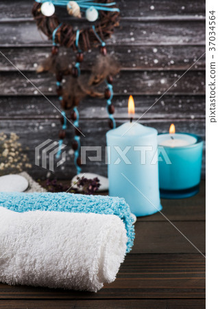Interior decor with dream catcher, lit candle Interior decor with dream catcher, lit candle 37034564
