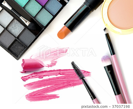 Set of cosmetic products. Lipstick smeared 37037198