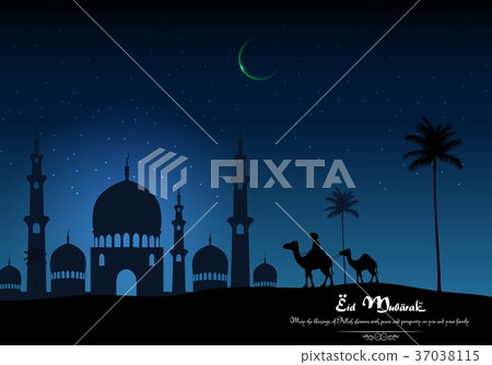 Eid mubarak with camel walks through and mosque in 37038115