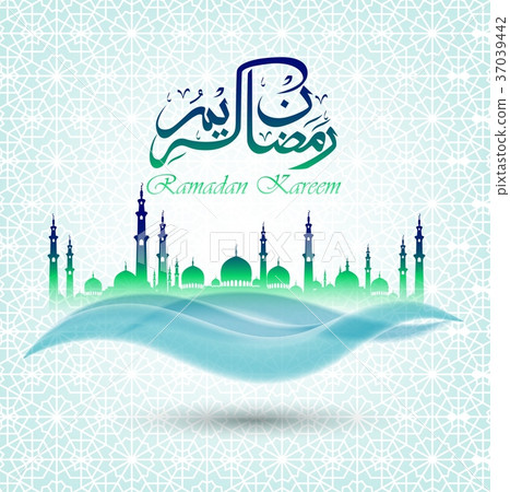Ramadan kareem background with blue green mosque 37039442