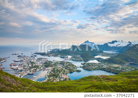 Sunset aerial panoramic view on Svolvaer Lofoten Sunset aerial panoramic view on Svolvaer Lofoten 37042271