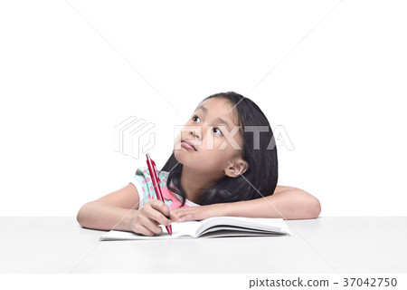 Portrait of asian little girl with pen write on the notebook Portrait of asian little girl with pen write on the notebook 37042750