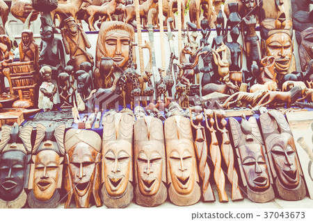 African masks, Morocco. Gift shop in Agadir. African masks, Morocco. Gift shop in Agadir. 37043673