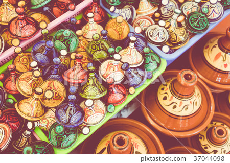Selection of very colorful Moroccan tajines. 37044098