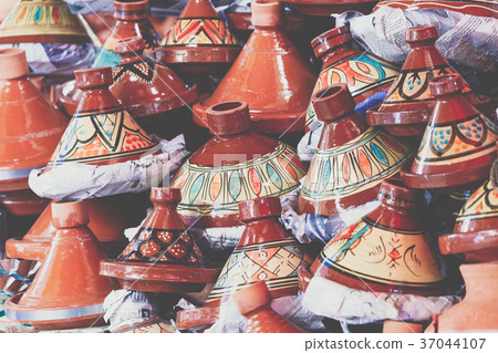 Selection of very colorful Moroccan tajines. 37044107