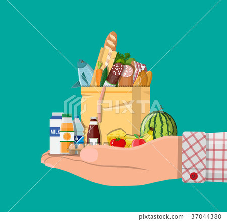Paper shopping bag full of groceries products Paper shopping bag full of groceries products 37044380
