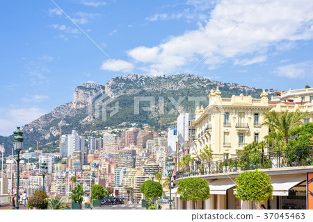 Daylight view to city buildings, green trees 37045463