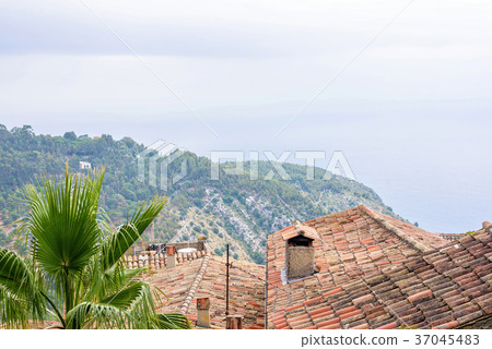 Daylight foggy view to Eze village, trees 37045483