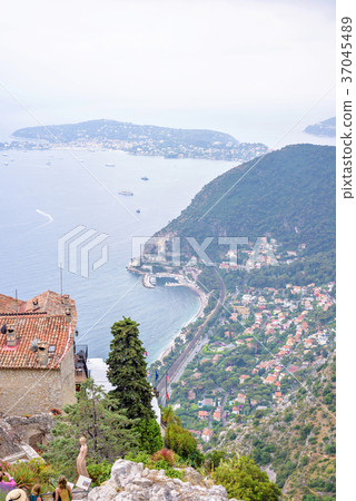 Daylight foggy view to Eze village, Mediterranean 37045489