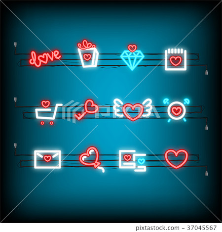 Neon happy Valentines Day set icon 37045567