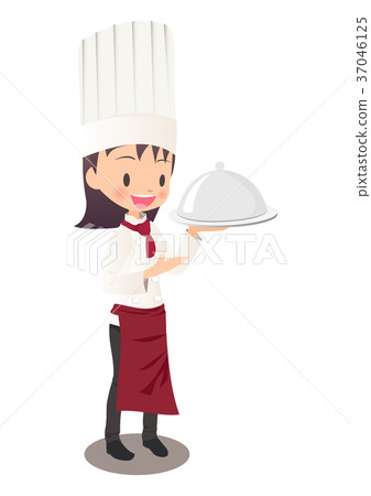 Illustration image of a female chef explaining a carried food 37046125