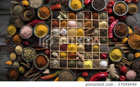 Assorted Spices in a wooden box Assorted Spices in a wooden box 37049440
