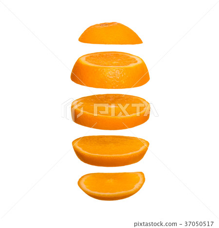 Creative concept with Flying orange. Sliced orange isolated on white background 37050517