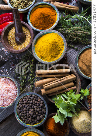 Spices and herbs and Wooden bowl 37051477