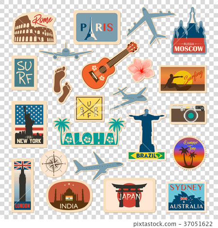 Vector travel sticker and label set with famous 37051622