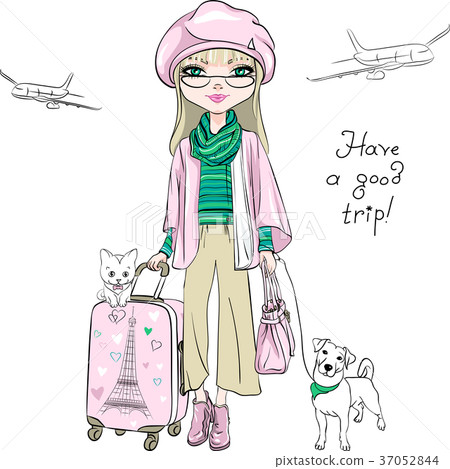 Vector beautiful fashion girl travels the world Vector beautiful fashion girl travels the world 37052844