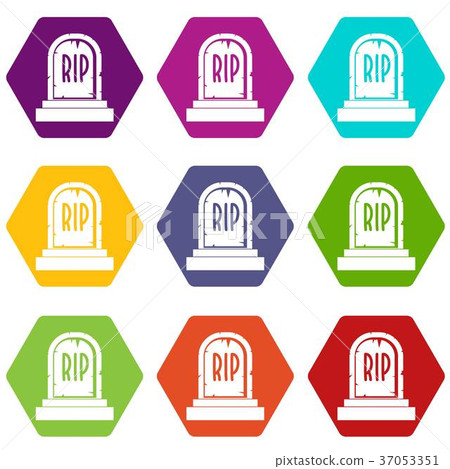 Gravestone with RIP text icon set color hexahedron 37053351