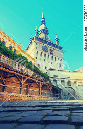 View of clock tower from fortress square in Sighisoara 37056331