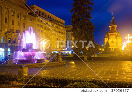 Colored fountain on Victoriei Square with Orthodox Cathedral 37056577