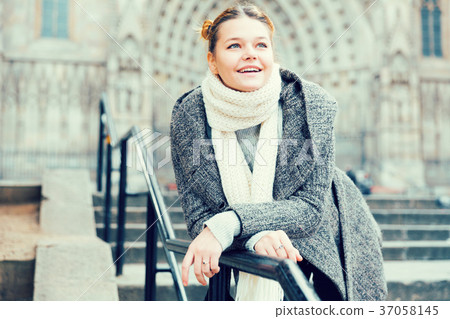 positive girl teenager in the city in scarf positive girl teenager in the city in scarf 37058145