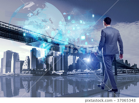 Businessman walking in cloud computing concept Businessman walking in cloud computing concept 37065348
