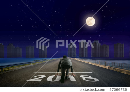 Businessman 2018 line in front of city. Businessman 2018 line in front of city. 37066786