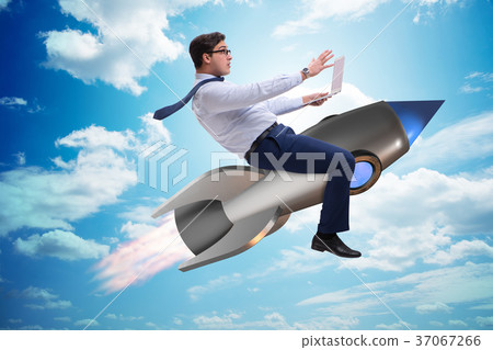 Businessman flying on rocket in business concept 37067266