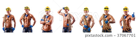 Muscular builder with tools isolated on white 37067701