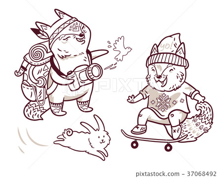 Two cute baby fox characters in outline. Tourist Two cute baby fox characters in outline. Tourist 37068492