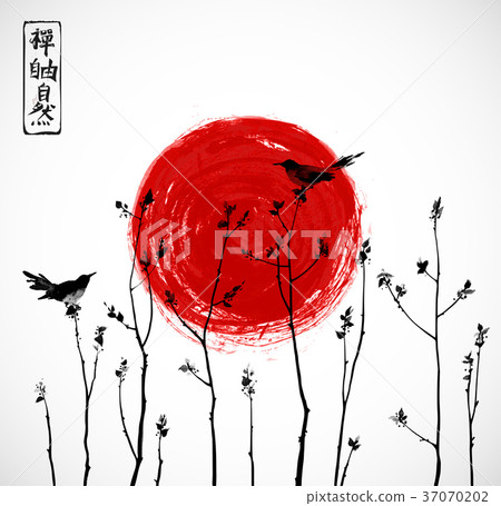 Two black birds on trees branches and big red sun Two black birds on trees branches and big red sun 37070202