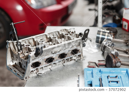 Selective focus. Engine Block on a repair stand 37072902