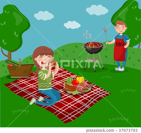 Young happy couple cooking and eating bbq while 37073783
