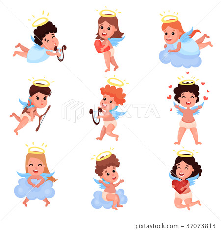 Lovely small angels playing on clouds set, cute Lovely small angels playing on clouds set, cute 37073813