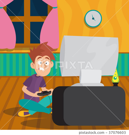 Teenager boy playing in video game at room 37076603