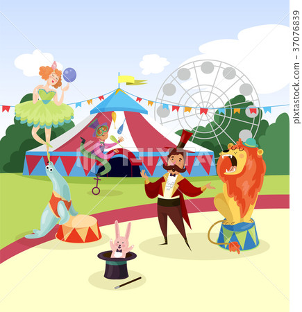 Amusement park with circus artists and marquee Amusement park with circus artists and marquee 37076839
