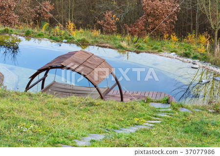 Pretty wooden pier at natural swimming pond Pretty wooden pier at natural swimming pond 37077986