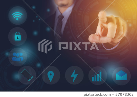 Hand of businessman click on virtual touchscreen Hand of businessman click on virtual touchscreen 37078302