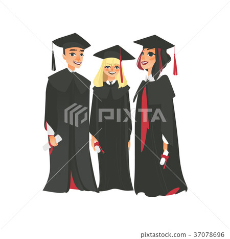 Three college graduates in graduation cap and gown 37078696