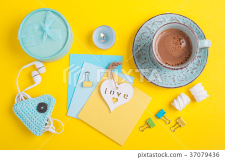 Blue cup of hot chocolate, blank notes Blue cup of hot chocolate, blank notes 37079436