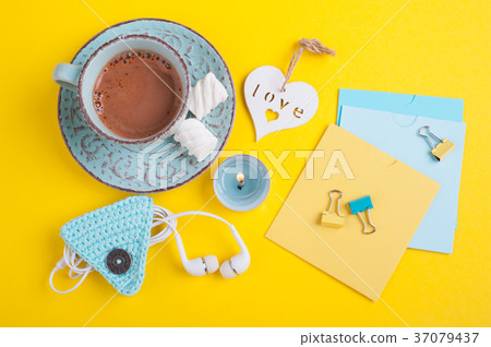 Blue cup of hot chocolate, blank notes Blue cup of hot chocolate, blank notes 37079437